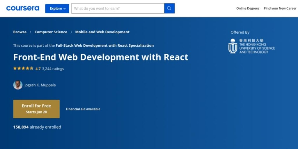 Coursera front end web development with React course